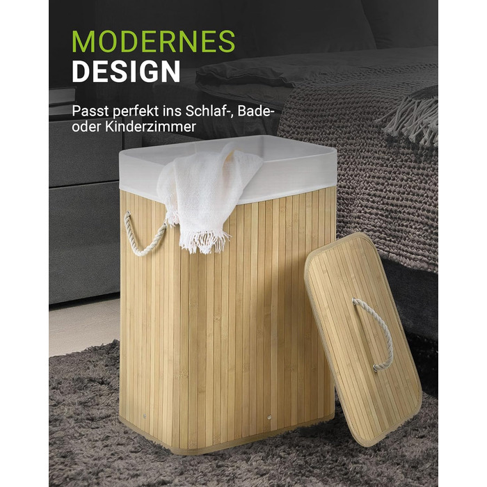 Бамбуковий кошик для білизни Juskys Curly Natural 72 л - Гігієнічний та складаний кошик для білизни з кришкою, ручкою для перенесе