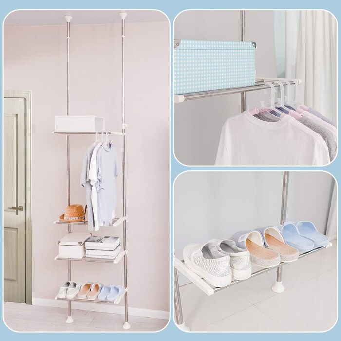 Рівнева стійка для білизни над туалетом, що економить місце у ванній кімнаті, подвійна натяжна штанга, стояча полиця, органайзер для полиць у ванній кімнаті, штанги для вішалок для одягу, не потрібно свердлити, колір слонової кістки, висота 295 см/116 дюй