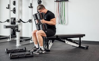 Регульовані гантелі Rep Fitness Quickdraw, доступні в кількох діапазонах ваги, включаючи 5-30, 5-40, 5-50 та 2,3-27,2 кг, 2,3 - 18 кг
