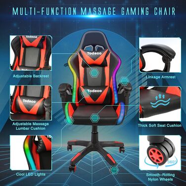 Ігрове крісло Todeco, масажне з підсвічуванням, світлодіодне гоночне крісло, ігрове крісло, ергономічне офісне крісло, регульована спинка, регульована висота, поворотне крісло з підголівником та поперековою подушкою, червоне