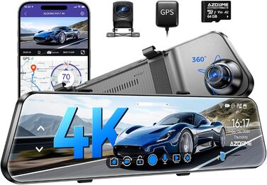 З камерою заднього виду, автомобільною камерою з Wi-Fi, 64 ГБ картою, подвійним дзеркалом IPS з сенсорним екраном, циклічним записом і G-сенсором, нічним баченням WDR, моніторингом паркування, GPS, 12&39 PG17 4K Mirror Dash Cam