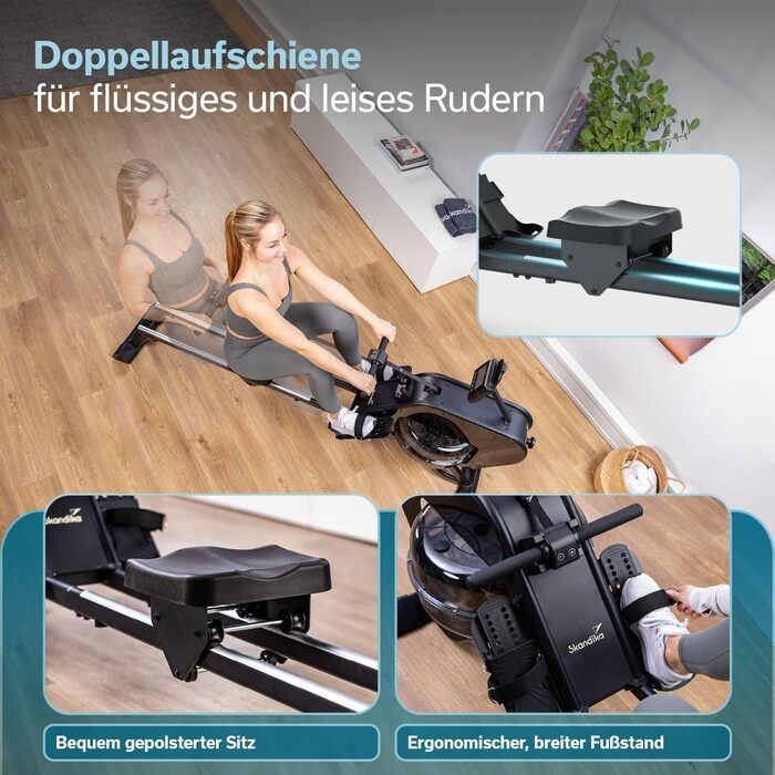Гібридний гребний тренажер Skandika Nemo III Опір воді та магніту, 32 рівні електричного опору, 15 програм, до 200 см, сумісний із додатком, окремостоячий Водний гребний тренажер, домашнє фітнес-обладнання, чорний