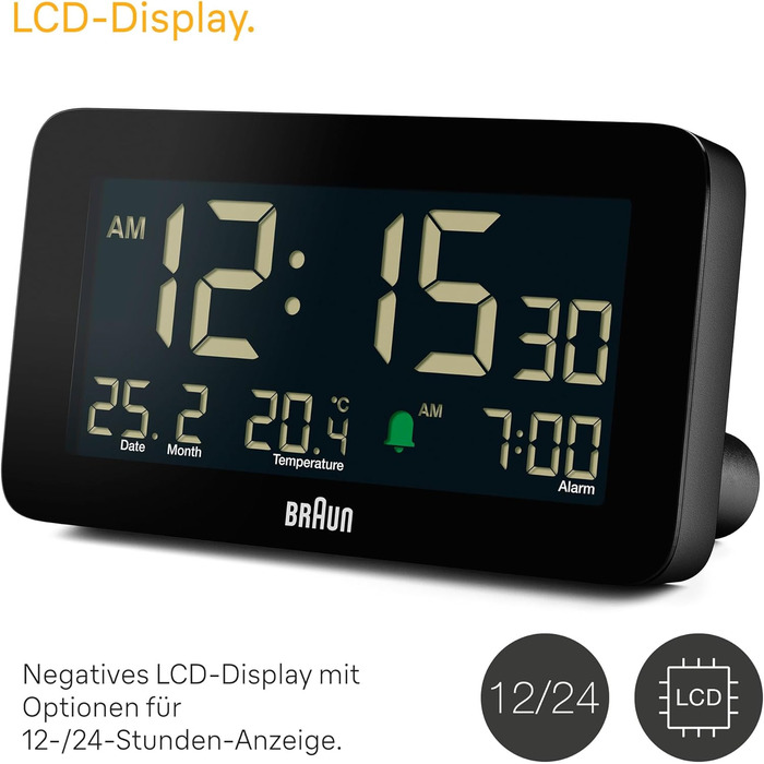 Цифровий будильник Braun з відображенням дати, місяця та температури, негативним РК-дисплеєм, швидким налаштуванням та поступовим звуковим сигналом будильника, чорного кольору, модель BC10B. у комплекті.
