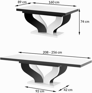 Дизайнерський обідній стіл HEB-222, чорний глянцевий / білий глянцевий, розсувний від 160 см до 256 см, обідній стіл до 10 осіб, глянцевий, функціональний стіл, сучасний, універсальний, розсувний, позачасовий