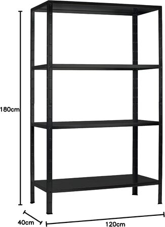 Система полиць SCHULTE з 4 полицями PowerMAX, вантажопідйомність 65 кг, 180x120x40 см (ВxШxГ), чорне текстуроване покриття, полиця для зберігання, полиця для майстерні, полиця для підвалу, полиця для гаража, металева полиця