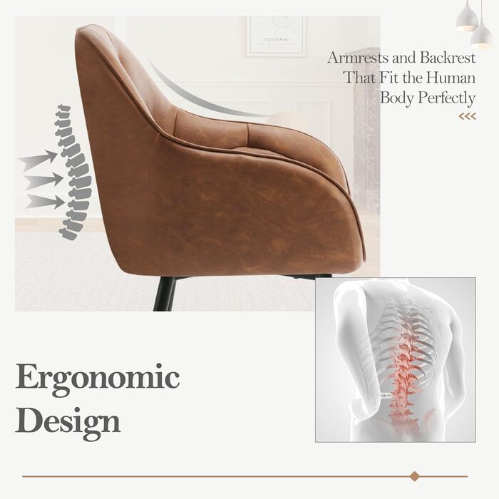 Обідні стільці WOLTU, комплект з , для їдальні та вітальні, ергономічні кухонні стільці, оббиті підлокітниками, металеві ніжки, сидіння зі штучної шкіри у вінтажному стилі, коричневий колір, комплект з