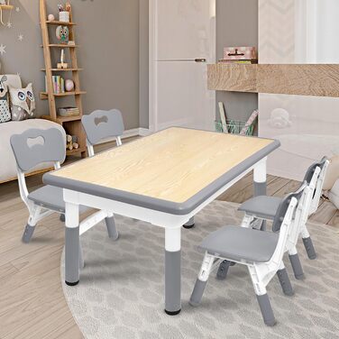 Дитячий стіл 120x60 см з 4 стільцями, комплект дитячих сидінь з регульованою висотою для дітей віком 2-10 років, дерев&39яний дитячий стіл та стільці, ідеально підходить для дитячого садка, класу та дому, сірий
