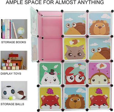 Дитяча шафа для зберігання Glit, 12 кубиків, модульна шафа з дверцятами, тваринні мотиви, пластикова полиця для іграшок, одягу та