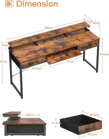 Стіл ODK з 2 шухлядами, комп'ютерний стіл з лотком для клавіатури, офісний стіл для ПК з регульованою по висоті полицею для моніто