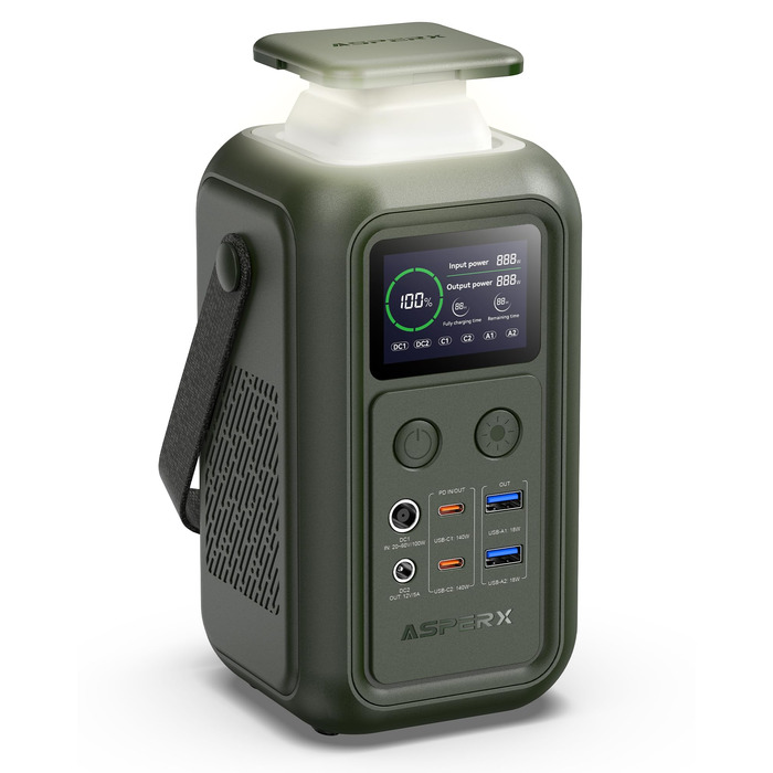 Портативна електростанція AsperX 192 Вт/140 Вт - мобільний сонячний генератор для кемпінгу з аварійною лампою, акумулятор LiFePO4 ємністю 60 000 мАг, портативний зовнішній акумулятор E для подорожей - темно-зелений