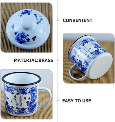 Емальована кружка 500 мл з кришкою та ручкою, синя вінтажна чайна кружка з товстої, безпечної для харчових продуктів емалі для дому, кемпінгу та використання на природі