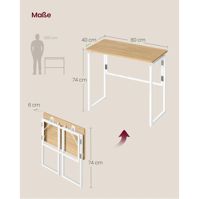 Складаний стіл, Невеликий складаний стіл, Комп&39ютерний стіл, Цільна стільниця, Закруглені кути, Стіл для домашнього офісу, Спальня, 80 x 40 см, Натуральний дуб LWD151YD01 80 x 40 см Натуральний дуб