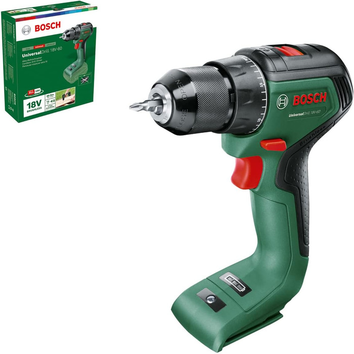 Дім і сад Bosch UniversalDrill 18V-60 акумуляторний дриль-шуруповерт (без акумулятора, 18 В, в коробці) чорний