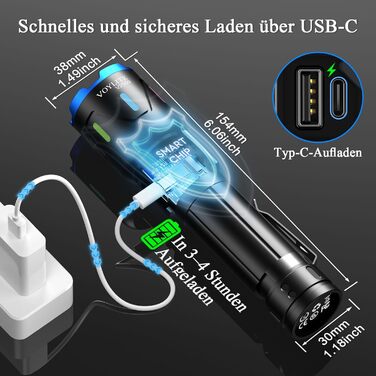 Акумуляторний світлодіодний ліхтарик, 500 000 люмен, надзвичайно яскравий ліхтарик з акумулятором 5000 мАг та РК-дисплеєм живлення, 3 режими освітлення, можливістю масштабування, для кемпінгу та використання на природі, матово-чорний