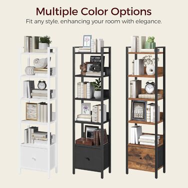 Книжкова полиця з шухлядою, окремостояча полиця, з 6 полицями, 33 x 24 x 157,5 см, книжкова шафа з металевим каркасом, органайзер для вітальні, кабінету або кухні, біла ABKWT66101 6 полиць (33 x 24 x 157,5 см) Біла