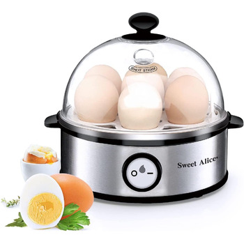 Солодка Alice Egg Cooker з нержавіючої сталі, переможець тесту яйцеварки, яйцеварка на 1-7 яєць з налаштуванням рівня твердості, світлова індикація автоматичного вимкнення, мірна чашка, захист від перегріву, без бісфенолу А, 360 Вт