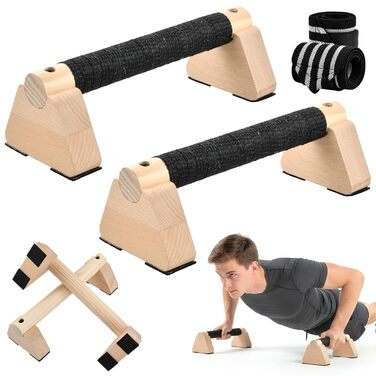 Дерев&39яні ручки для віджимань з ремінцями на зап&39ястя, 2 шт., перекладина для віджимань 25 см, паралельні бруски, що не ковзають у суглобах, ергономічні, нековзні ручки для стійки на руках, обладнання для калістеніки для віджимань у стійці на руках