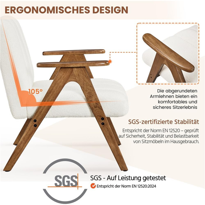 Крісло Yaheetech з вигнутою спинкою з тканини букле, крісло для відпочинку з підлокітниками, крісло з дерев&39яними ніжками для вітальні/спальні, м&39яке крісло під телевізор, міцний каркас, вантажопідйомність до 136 кг, білий колір