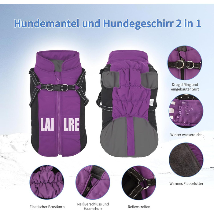 Пальто для собак, куртка для собак, зимове пальто для собак, водонепроникне пальто для собак, шлейка для собак, пальто, пальто для маленьких собак, зимове пальто для собак зі шлейкою для маленьких, середніх та великих собак, L, фіолетовий
