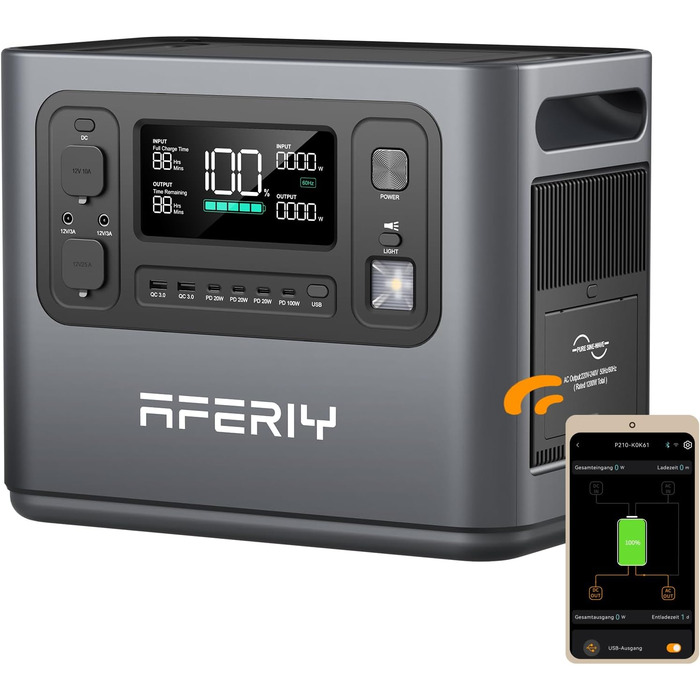 Портативна електростанція AFERIY потужністю 1200 Вт, LiFePO4 акумулятор ємністю 1008 Втгод та швидка зарядка за 1,2 години, 12 розеток, функція ДБЖ, чиста синусоїда 230 В, мобільний блок живлення з додатком для кемпінгу на природі, саду та надзвичайних си