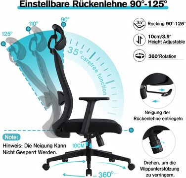Ергономічне офісне крісло, обертове крісло з поперековою подушкою з пінопласту, офісні крісла з регульованими 2D підголівниками та підлокітниками, крісло для керівника до 150 кг/330 фунтів (чорне)