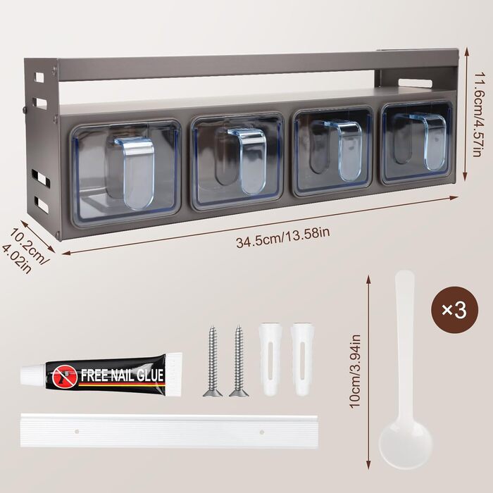 Підставка для спецій з банками для спецій, окремостояча та настінна підставка для спецій, банки для спецій з полицею, підвісна підставка для спецій (не потребує свердління) з 4 коробками для спецій, тонкий металевий органайзер для спецій на кухонну стільн