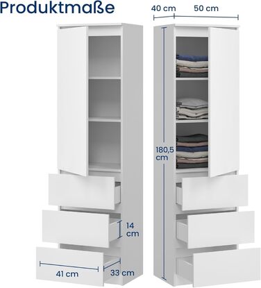 Гардеробна шафа Home Collective, вішалка для одягу, багатофункціональна шафа з 3 полицями та 3 шухлядами Функціональна шафа для спальні, коридору або кабінету 50x40x180 см (ШxГxВ) Білий