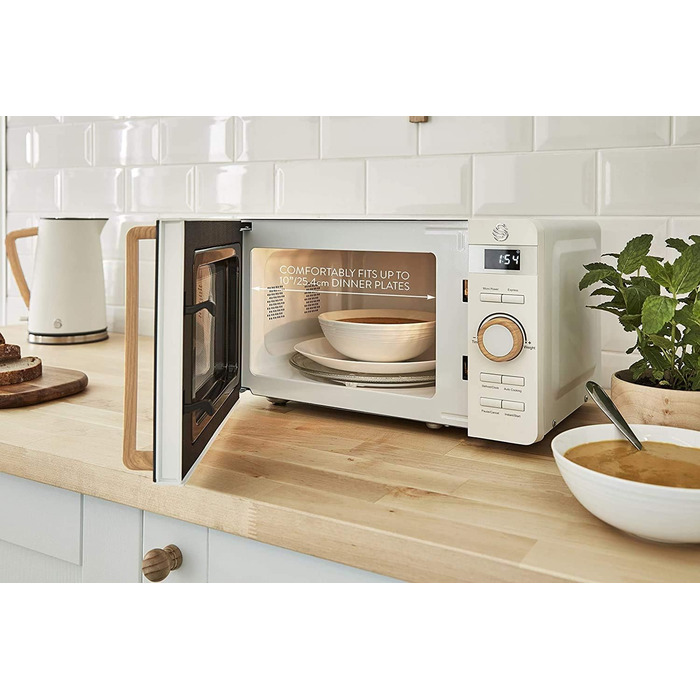 Чайник для сніданку Swan Nordic 1,7 л, 2200 Вт, тостер для хліба з широким отвором, 2 скибочки, мікрохвильова піч 20 л, цифровий, сучасний дизайн, ефект дерева, білий