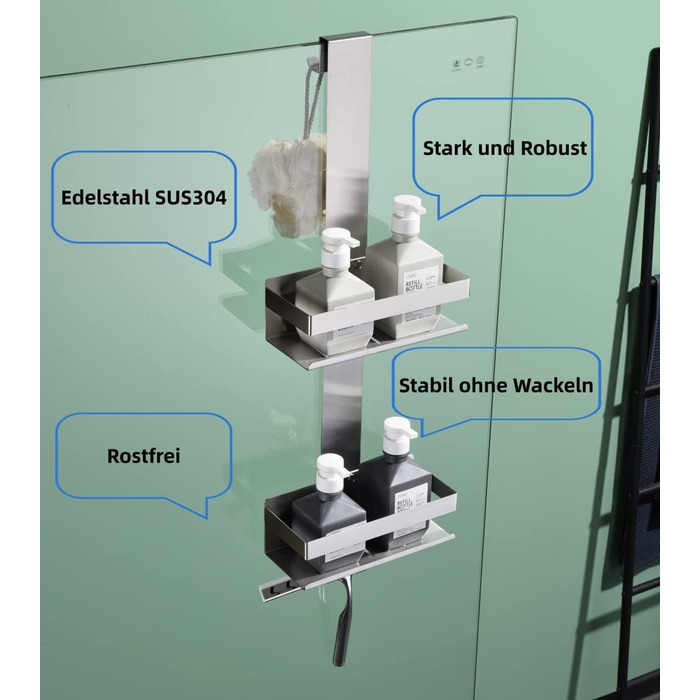 Підвісна душова полиця KigKog, 2-поверхова підвісна душова полиця, матовий нікель, нержавіюча сталь SUS304 Подвійна підвісна душова корзина з гачками для скляної душової кабіни, K07-23BN-2GL 2 полиці, матовий нікель, нержавіюча сталь SUS304