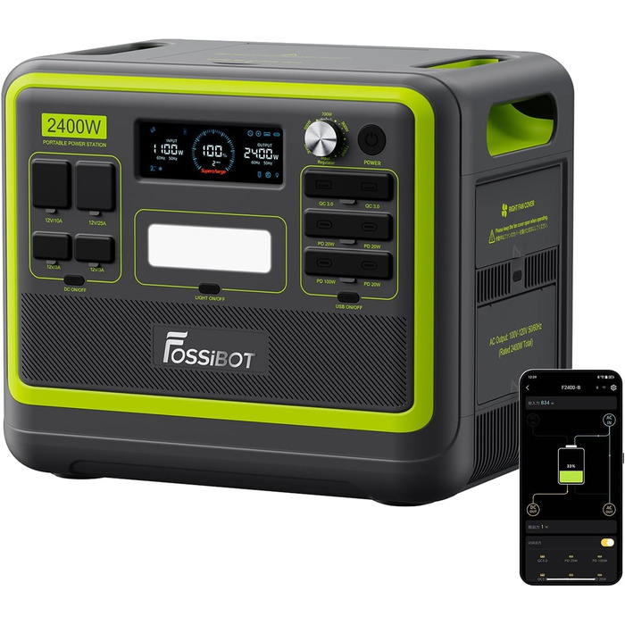 Портативна електростанція FOSSiBOT F2400 2048 Втгод/640000 мАг LiFePO4, 3x230 В змінного струму, сонячний генератор 2400 Вт (пікова потужність 4800 Вт), портативні електростанції для зберігання енергії, подорожей на природі та кемпінгу в автофургонах F240