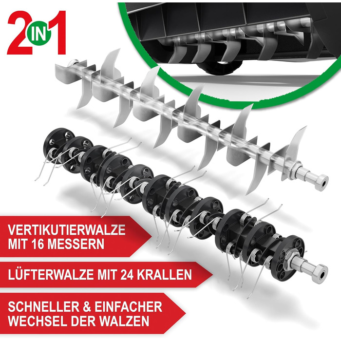 В-1 Електричний Вертикуттер 1800 Вт Ширина захоплення 38 см Обєм травозбірника 45 л з Вертикутуючим та Аераційним Валками для Видалення Моху/Бурянів та Покращення Повітряного Обміну Газону, 2-