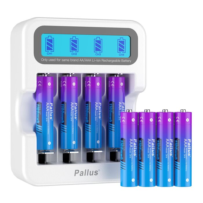 Набір з 8 акумуляторних літієвих батарейок Pallus типу AAA з 2-годинною швидкою зарядкою, 4 незалежні слоти, висока ємність 1100 мВтгод, без ефекту пам&39яті, низький саморозряд, час циклу до 1600 циклів (8*AAA зарядний пристрій)