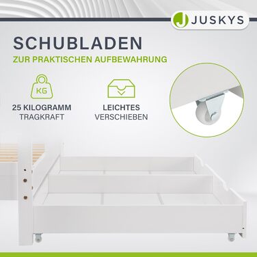 Дитяче ліжко Juskys Marli 90 x 200 см з матрацом, ящиком для ліжка, захисними поручнями, рейковою основою та дахом - Ліжко-будиночок з масиву дерева для дітей - Ліжко білого кольору