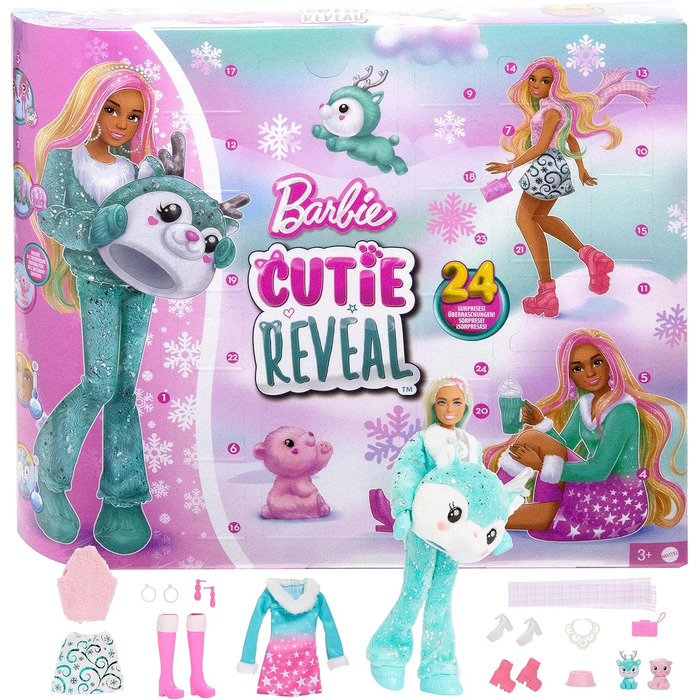 Різдвяний календар Barbie Cutie Reveal - 24 сюрпризи, лялька, олені з блискітками, зимове вбрання, аксесуари, міні-тваринки, для д