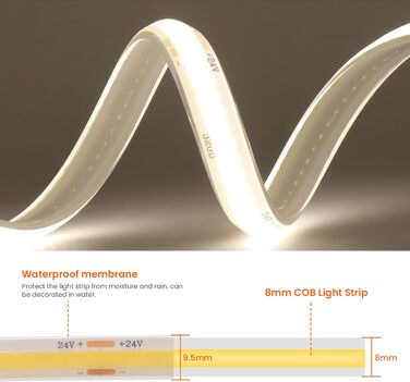 Світлодіодна стрічка Wisada 24 В COB, 320 світлодіодів/м Супер яскрава гнучка світлодіодна стрічка Світлодіодний діапазон COB, водонепроникний світлодіодний світильник з підсвічуванням телевізора IP68 для освітлення акваріума та шафи (природний білий, 4 м