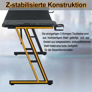 Ігровий стіл 120x60 см Комп&39ютерний стіл з гачком для навушників та підставкою для склянок, міцний ігровий стіл Z-подібної форми для домашнього офісу (тип B, зі світлодіодним підсвічуванням)