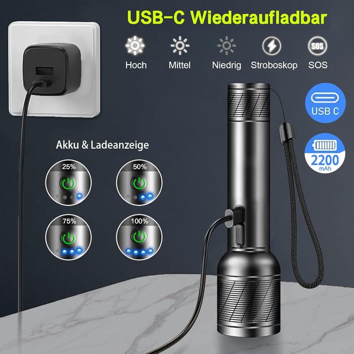 Світлодіодний ліхтарик надзвичайно яскравий 2200 люмен, акумуляторний (з вбудованим акумулятором високої ємності), міні-ліхтарик з індикатором заряду батареї, тривалий час роботи, алюмінієвий сплав, 5 режимів світла, можливість масштабування (2 шт.)