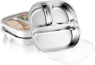 Набір з 3 нержавіючих тарілок з розділеннями та кришками, маленькі 3-секційні підноси для їжі, порційний контроль для дієти, шкільних обідів, домашньої їжі, пікніків та походів