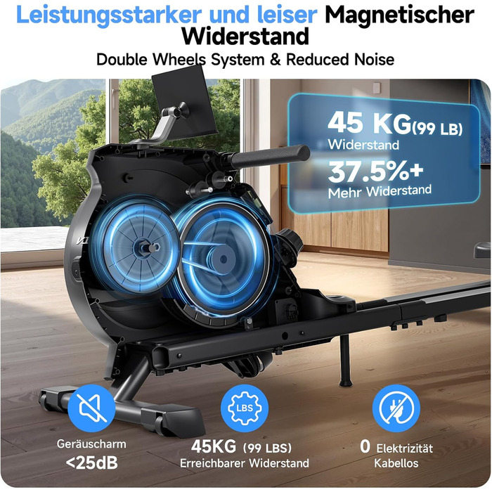 Домашній гребний тренажер YPOO, складаний, магнітний, тихий, з ексклюзивним додатком та РК-дисплеєм даних, подвійна рейкова стійка, витримує навантаження до 160 кг, легке складання