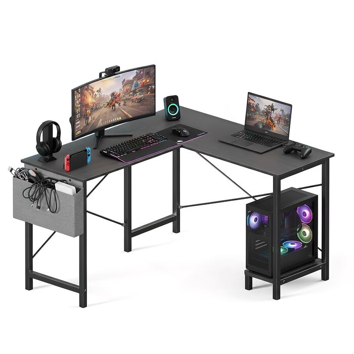 Подібний стіл OLIXIS, 50-дюймовий офісний ігровий комп&39ютерний стіл, кутовий ПК-стіл з бічною кишенею та двосторонньою полицею для домашнього офісу, навчання, письма, чорний