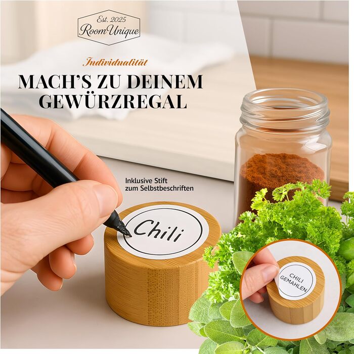Підставка для спецій з баночками для спецій 21 банка (по 120 мл кожна) з бамбуковими кришками Етикетки Вставки для шейкера Лійка щіточка Металева підставка 36,62511 см Модульна з можливістю запису Маркер у комплекті