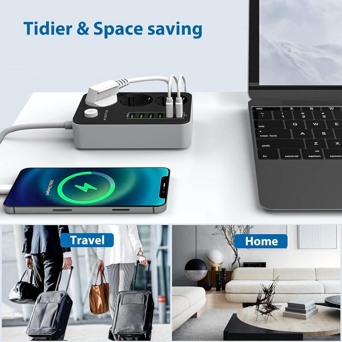 Адаптер розетки з декількома розетками на смужці 3 відділення перемикається з 6 USB (5V / 3.4 A, 17W), перемикається з декількома