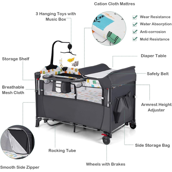 Дитяче ліжечко LIFEZEAL з матрацом, складне дитяче ліжечко з пеленальною дошкою та іграшками, дорожнє ліжечко з тканини Оксфорд, 2 рівні, регульована висота, вантажопідйомність 10/15/10 кг (сірий колір)