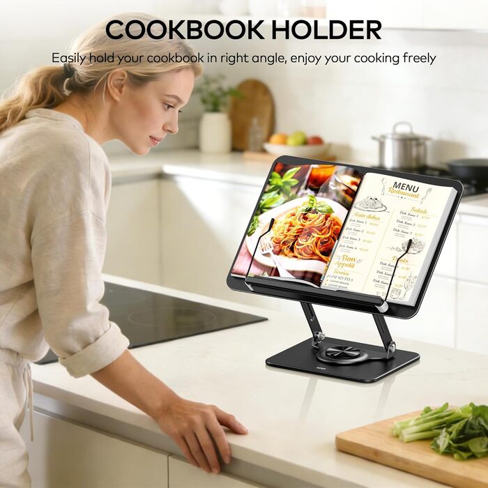 Підставка для читання та роботи з ноутбуком, ергономічний тримач для книг, регульована конструкція з еластичними затискачами для нот, рецептів, планшетів, чорний колір, 01