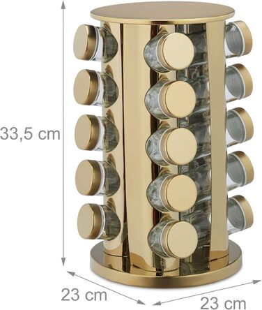Підставка для спецій Relaxdays з 20 баночками для спецій, зі вставкою-шейкером, поворотна на 360, карусель для спецій, нержавіюча сталь, золотий/прозорий