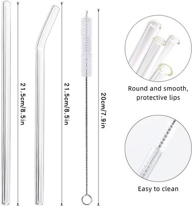 Скляні соломинки багаторазові 16 шт. - 6 прямих скляних соломинок і 6 вигнутих скляних соломинок 21,5см з 4 щітками для чищення, п