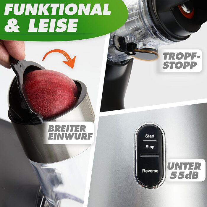 Повільна соковижималка GREEN-PRESS STAINLESS STEEL 304 Гвинт з нержавіючої сталі без BPA I німецький бренд I Переможець тесту соковижималки для цілих фруктів і селери, овочів і фруктів 2023 року Allrounder Електрична соковижималка Silver Knight / Нержавію