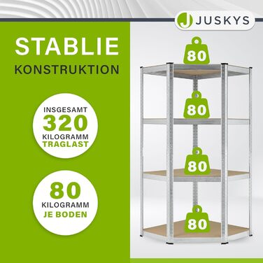 Кутовий стелаж Juskys Corner Easy 160 x 75 x 40-75 см - 320 кг - 4 полиці з МДФ - оцинкований метал - міцний стелаж, вставний стелаж, полиця для підвалу, сріблястий