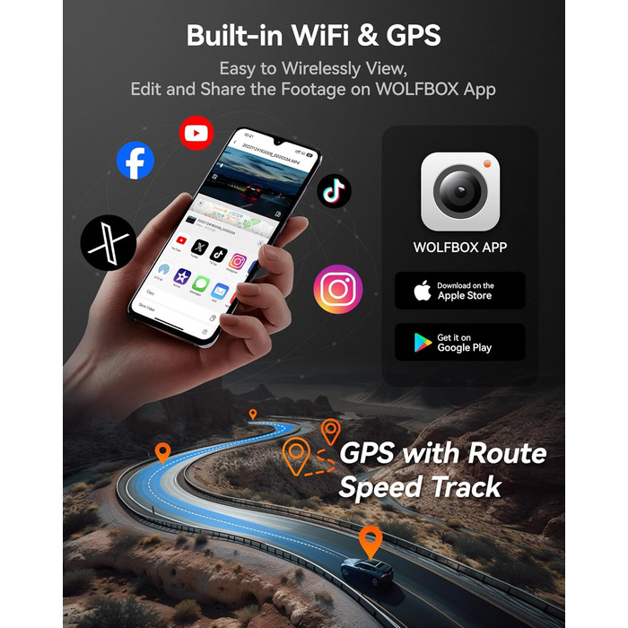 Канальна автомобільна відеореєстратор із Wi-Fi GPS, 4K1080P для передньої та внутрішньої камери, 2,5K 1600P1080P1080P, 3-дюймовий РК-дисплей із супер ІЧ-випромінюванням, цілодобовий паркувальний монітор, Макс. 512 ГБ (бездротова спереду та ззаду), 07 Dash