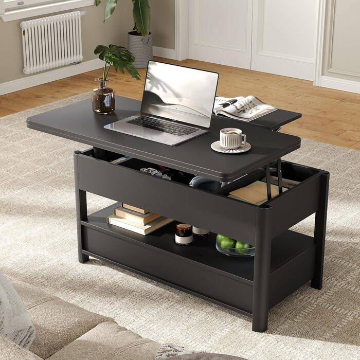 Регульований по висоті журнальний столик з шухлядами та потайним відділенням, стіл для вітальні, що трансформується в обідній стіл, чорний